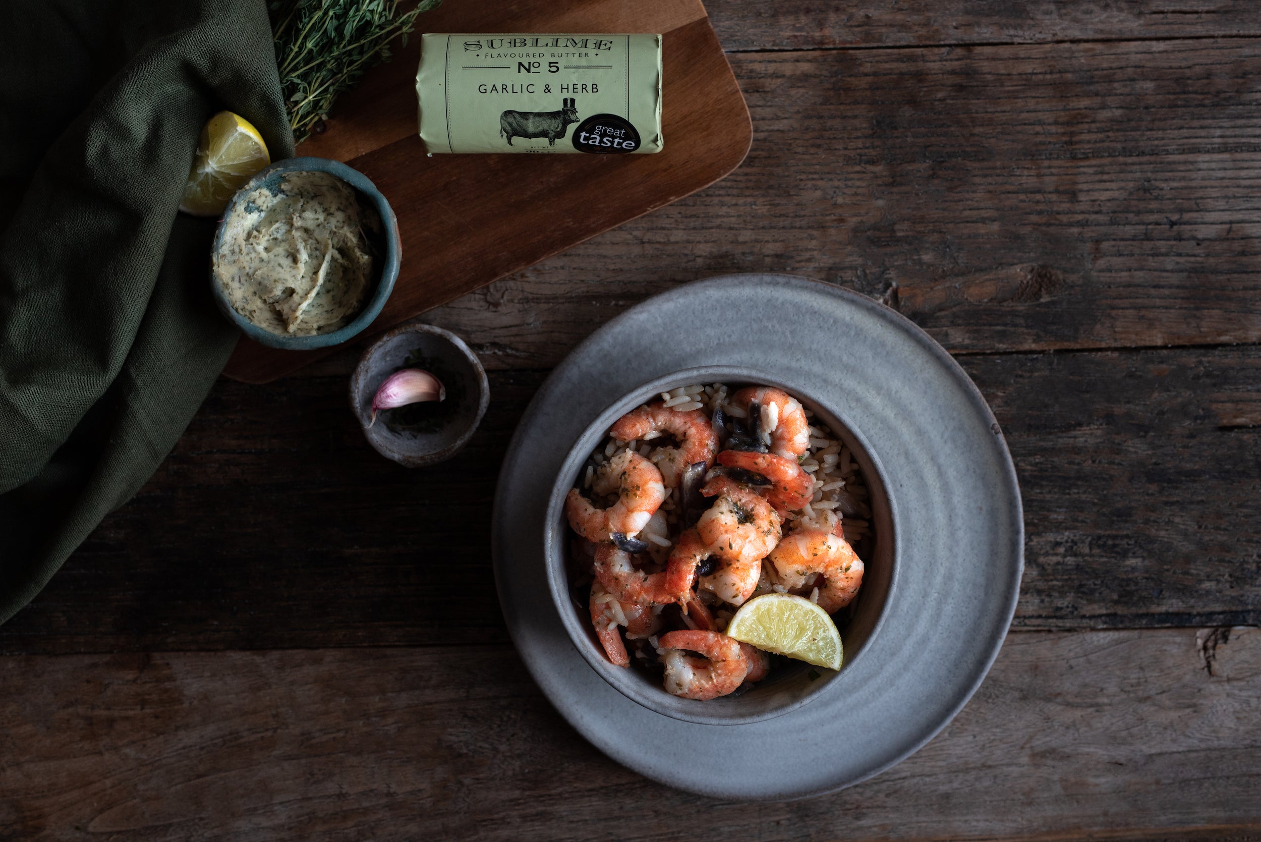 Plump prawns served with rice, lemon and Sublime's Garlic & Herb butter