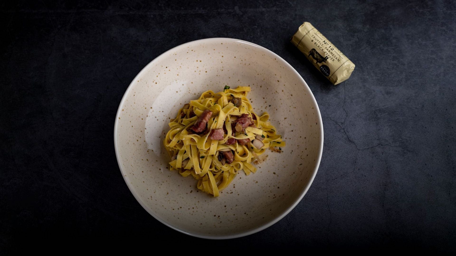 Tagliatelle with Truffle Butter, Pancetta & Mushrooms