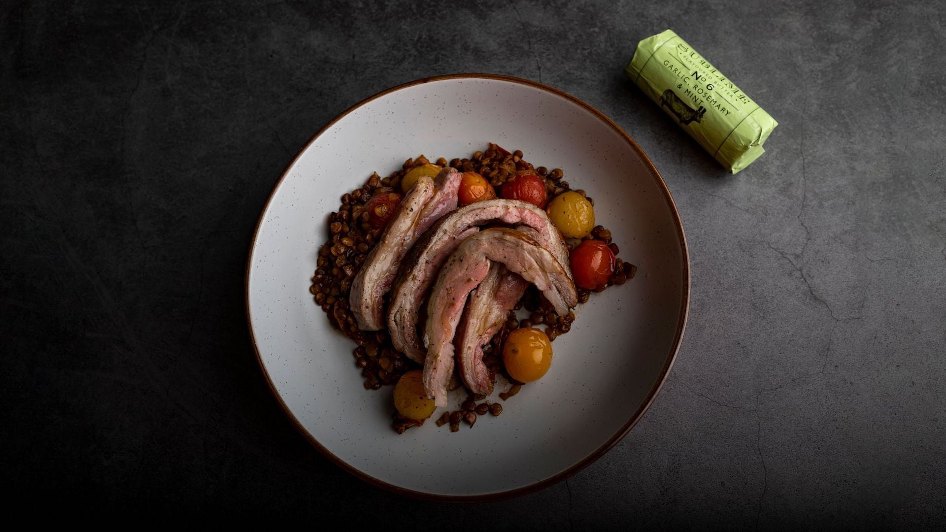 Roast Breast of Lamb, Sautéed Cherry Tomatoes, Lentils & Shallots