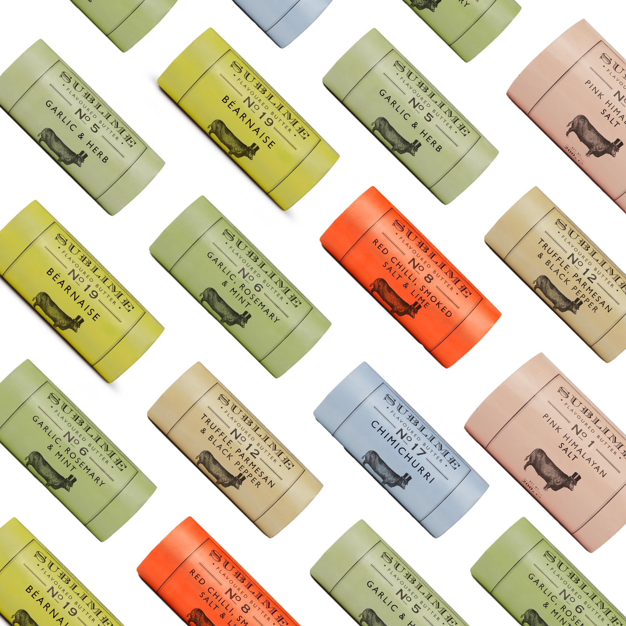 A stylised patchwork of Sublime Butter's multicoloured packaging